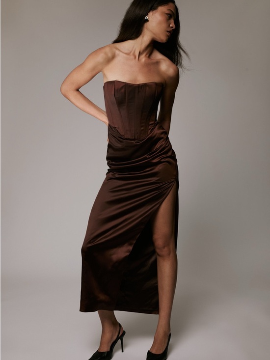 Bardot Dresses & Skirts - Bardot Everlasting Satin Chocolate Brown Strapless Corset Midi Dress
